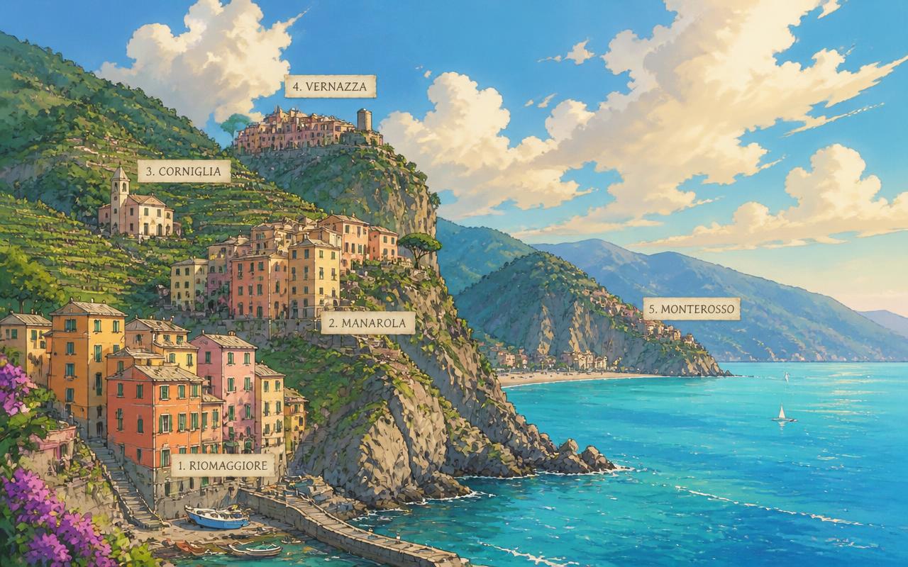 Painted illustration of five pastel villages on Ligurian cliffs above a turquoise sea