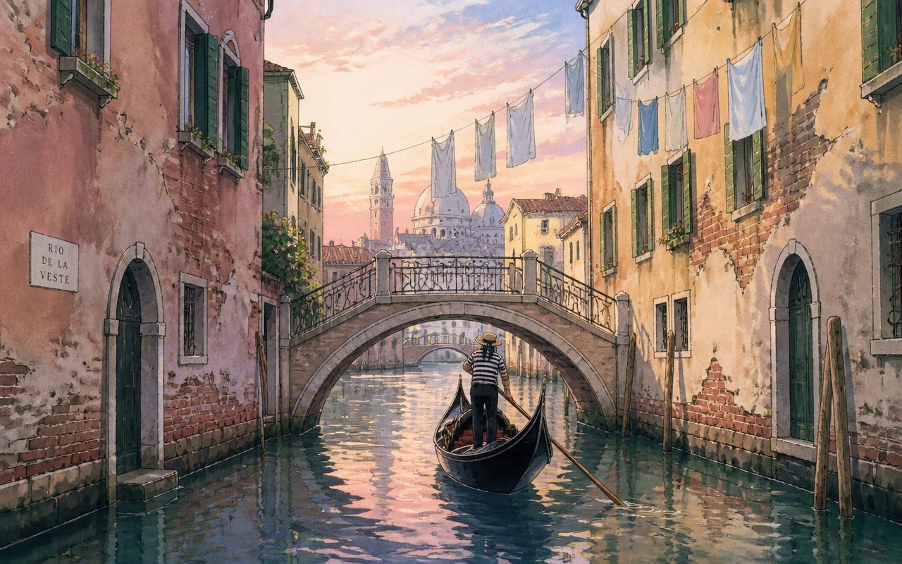 Painted illustration of a quiet Venetian canal at dawn with a gondola under a stone bridge