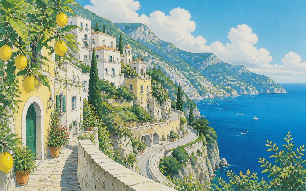 Painted illustration of a white and yellow cliffside village with lemon trees above a blue sea