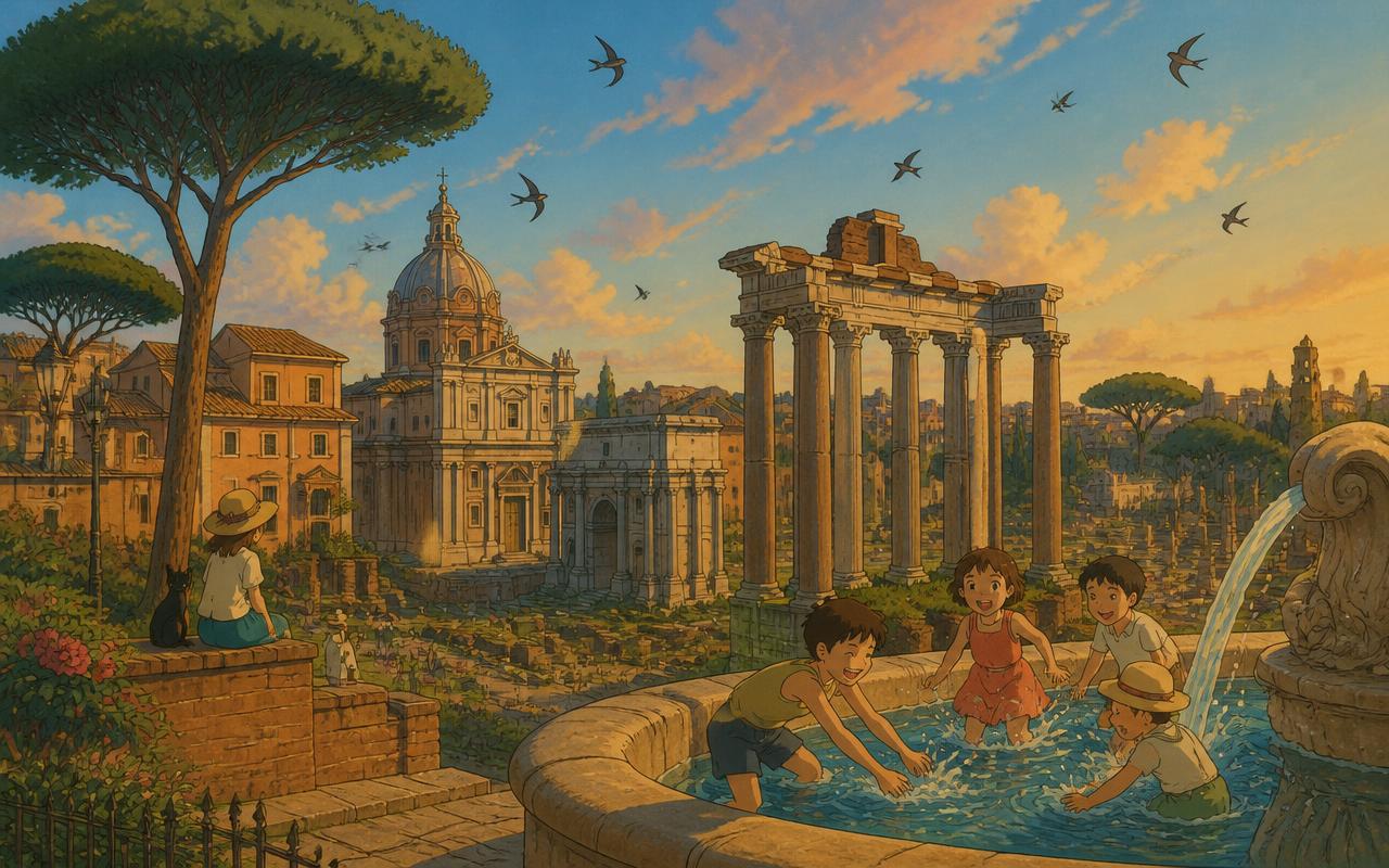 Painted illustration of Roman ruins and umbrella pines at golden hour with children by a fountain