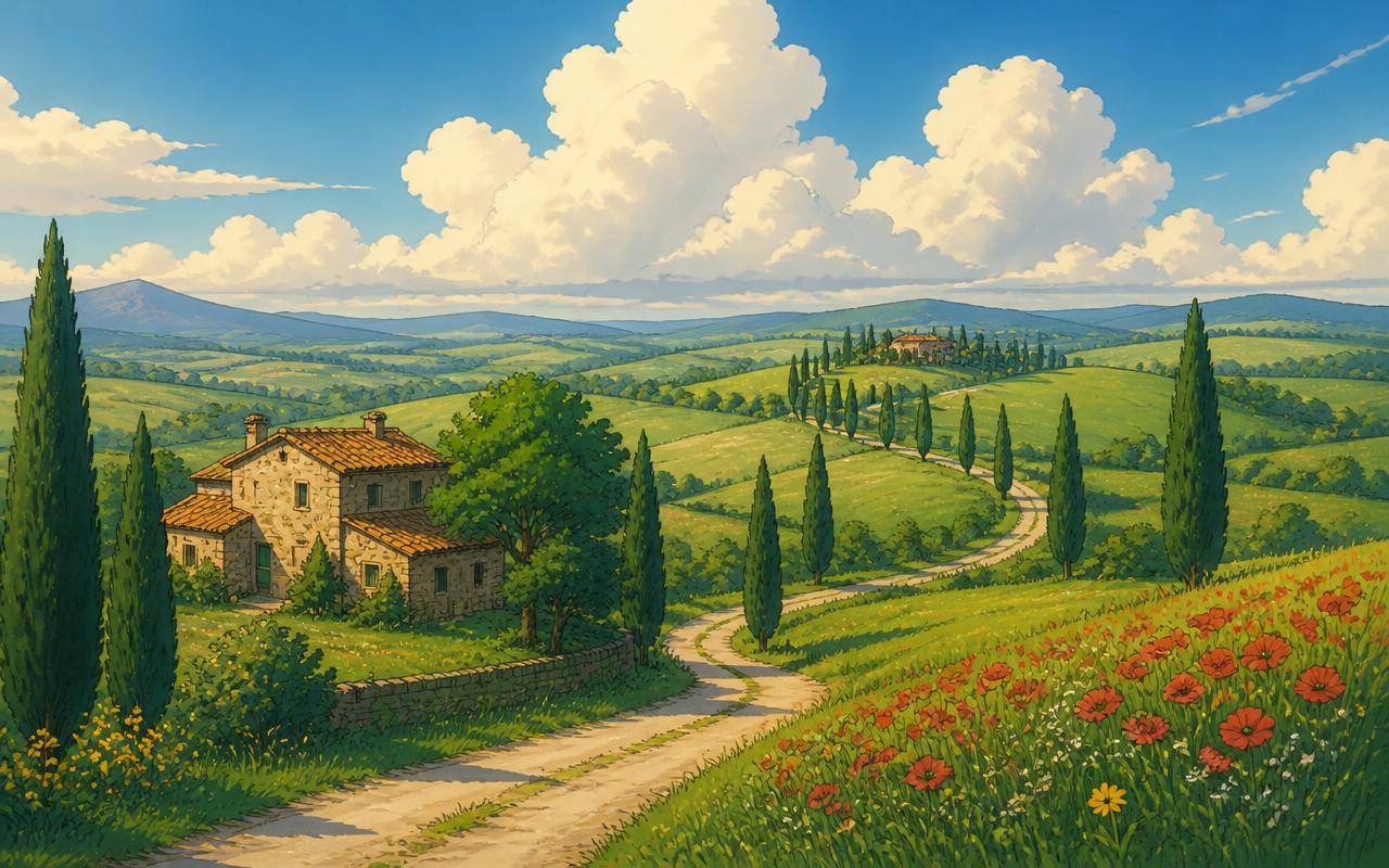 Painted illustration of rolling Tuscan hills with a cypress-lined road and a stone farmhouse