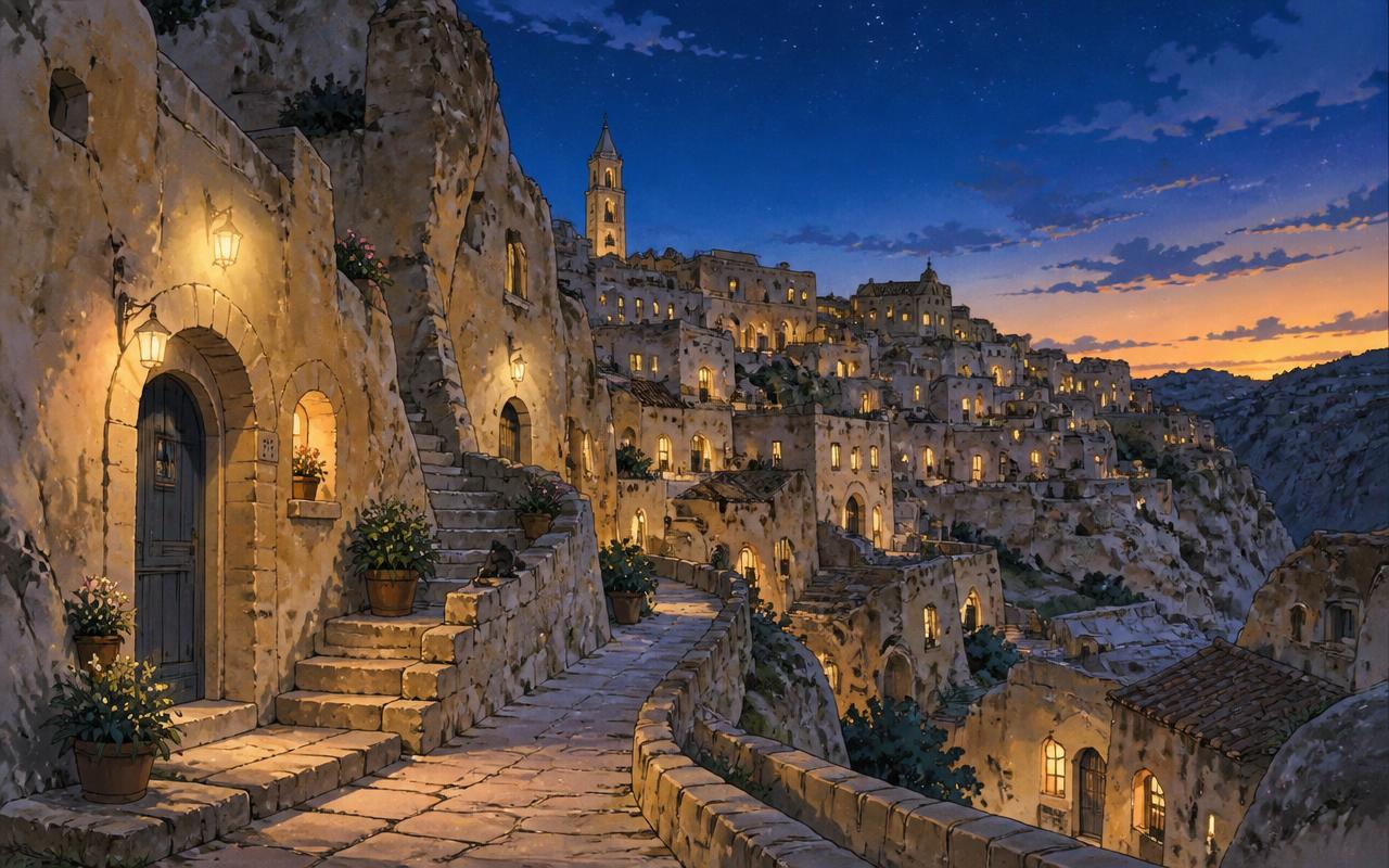 Painted illustration of honey-coloured cave houses in a rocky ravine lit at dusk