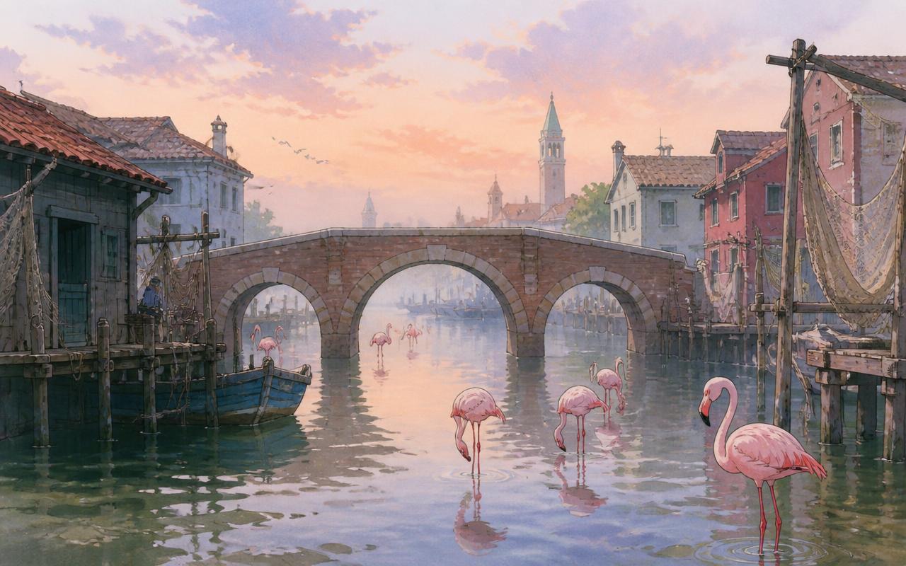 Painted illustration of a lagoon town with a brick bridge, fishing huts and pink flamingos