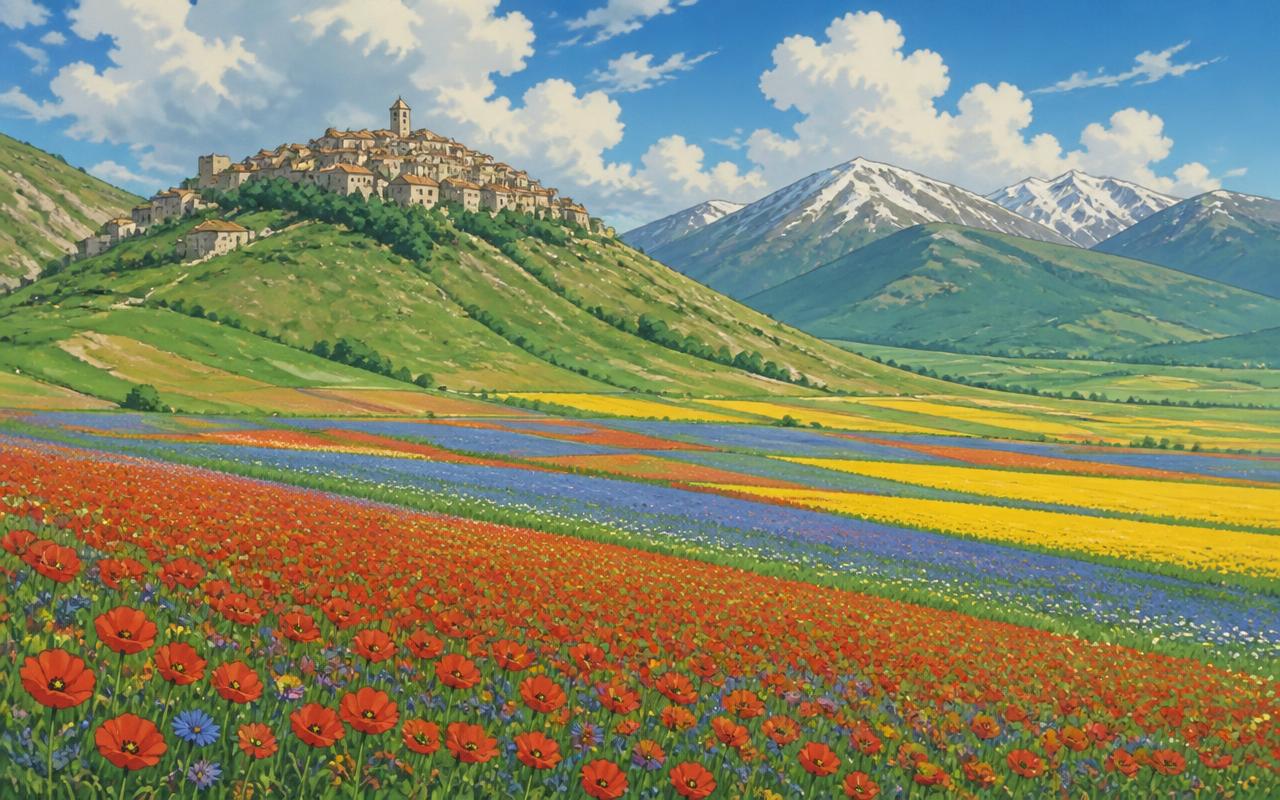 Painted illustration of a hilltop village above a plain striped with red, blue and yellow flowers