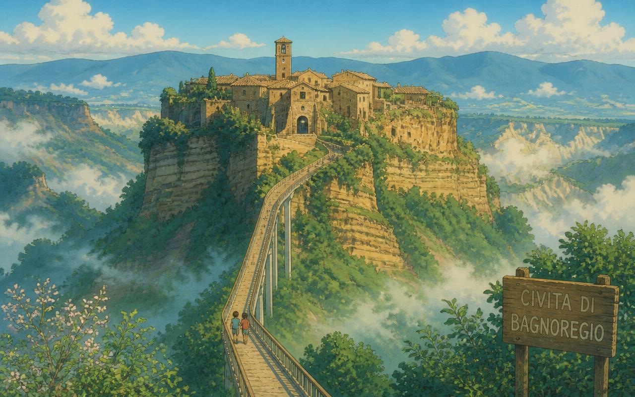 Painted illustration of a tiny stone village on a pinnacle reached by a long footbridge above mist