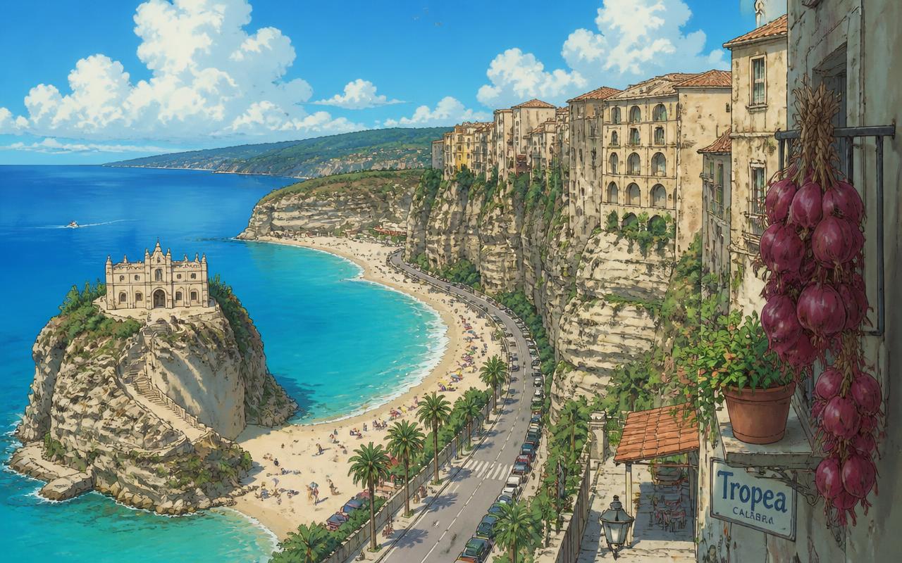 Painted illustration of a cliff-top Calabrian town above a turquoise bay with red onions on a balcony