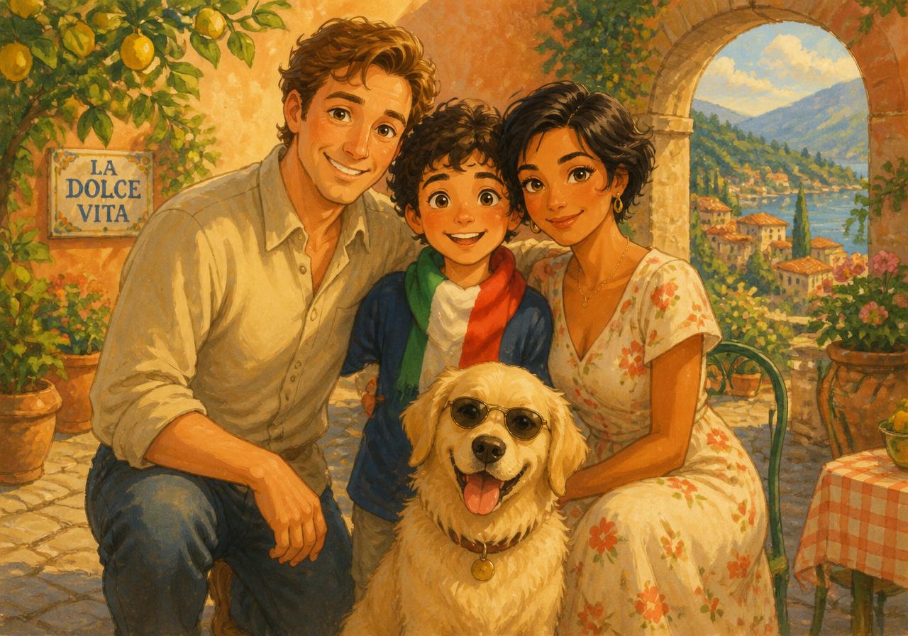 Adam with his American dad, his Italian mamma and Luna in a sunny courtyard