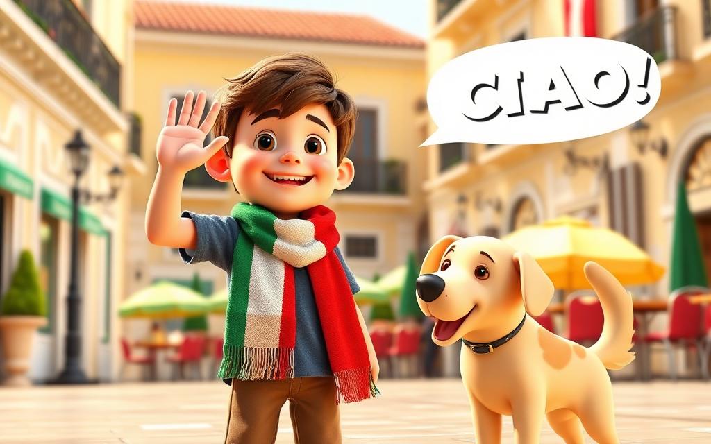 Adam waving ciao in a sunny Italian piazza with Luna the retriever