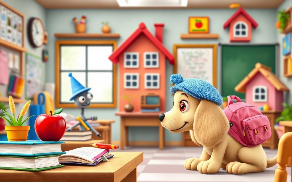 A classroom where books, pens and apples have googly eyes and tiny hats