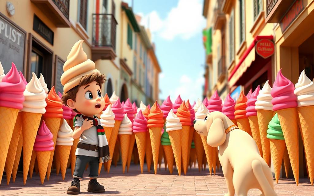 One gelato cone multiplying into a whole street of gelato cones