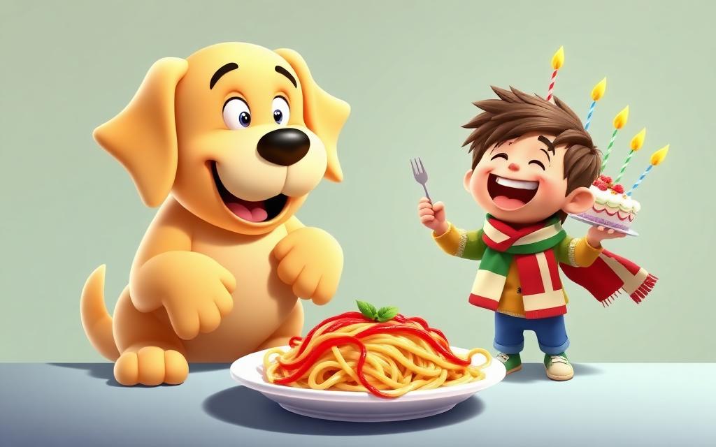 A very hungry Luna eyeing a giant plate of spaghetti next to a birthday cake