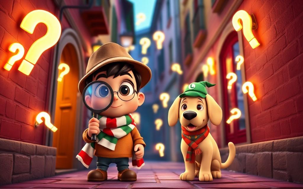 Adam as a detective with a magnifying glass among glowing question marks