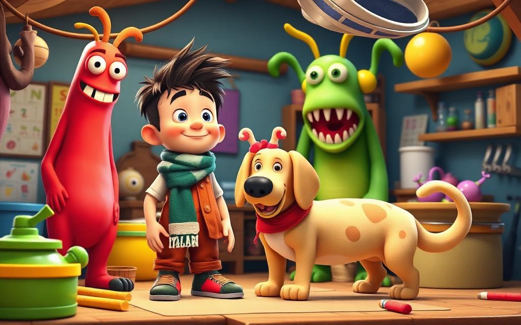 A monster workshop full of tall, short, green and spotty cartoon creatures