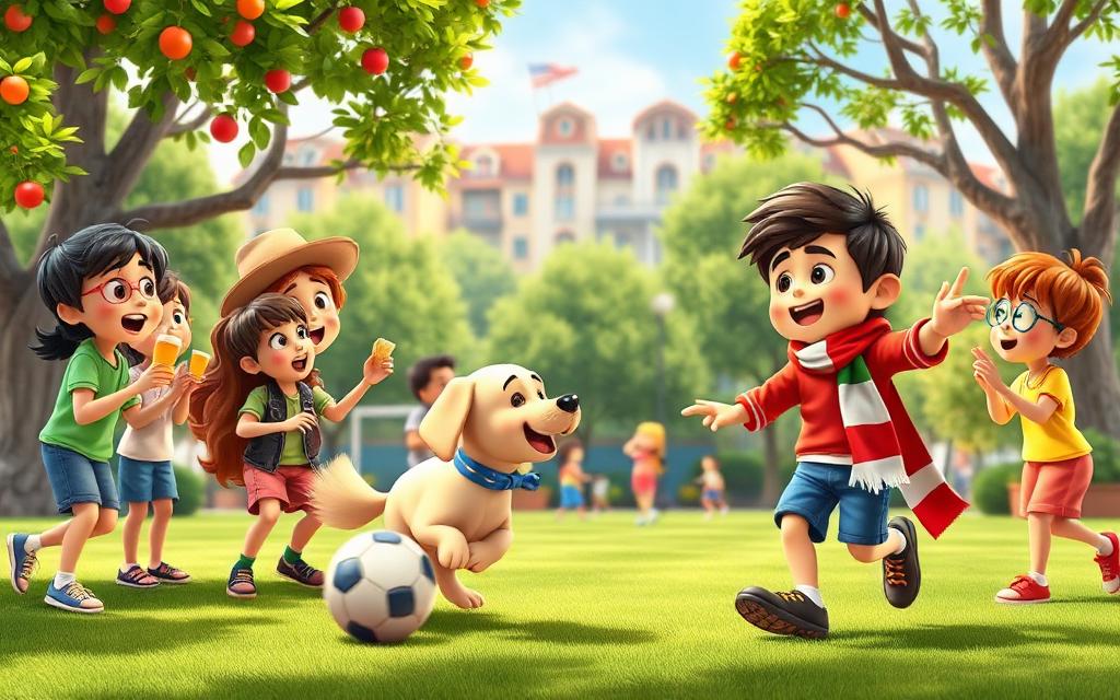 Children singing, eating and playing football in an Italian park