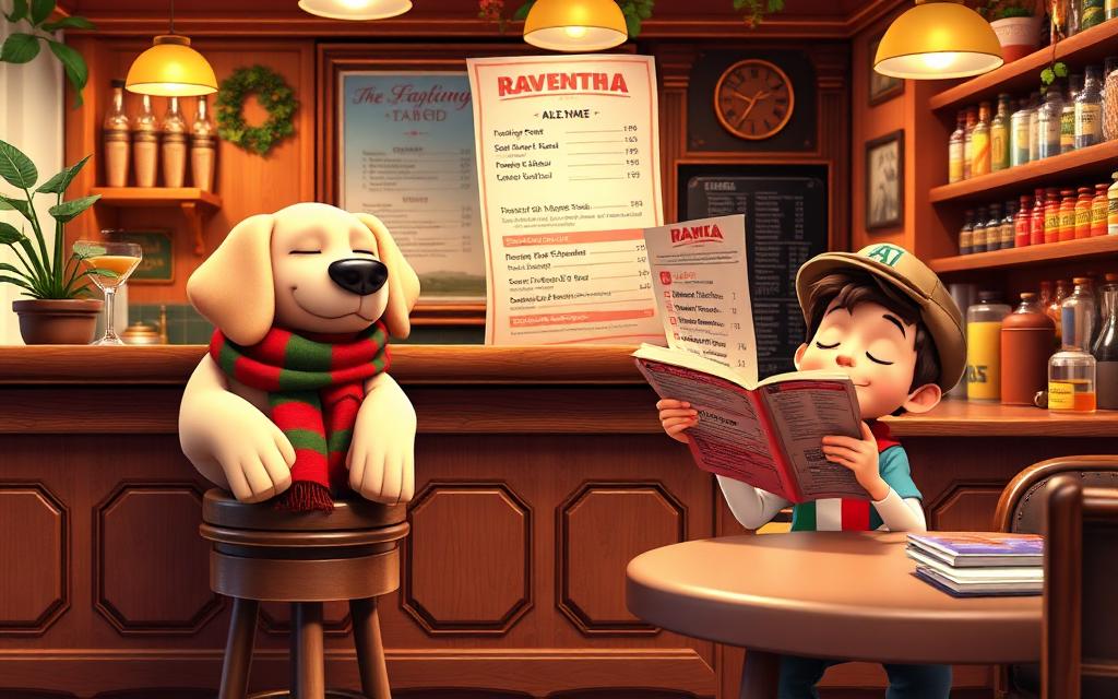 A cosy Italian bar with a snoozing dog and a boy reading a giant menu
