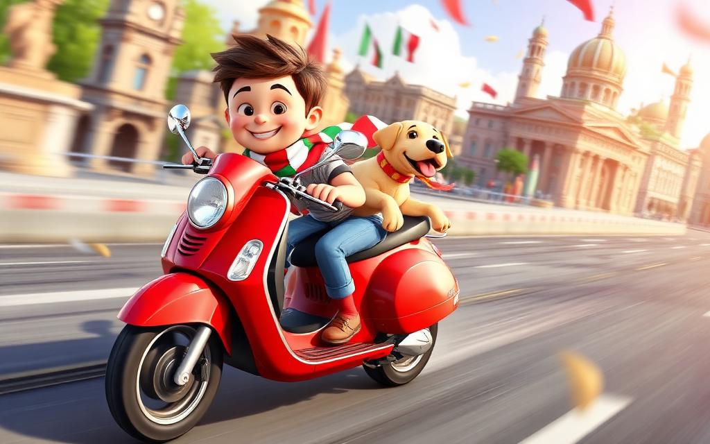 Adam zooming past Italian landmarks on a red Vespa with Luna