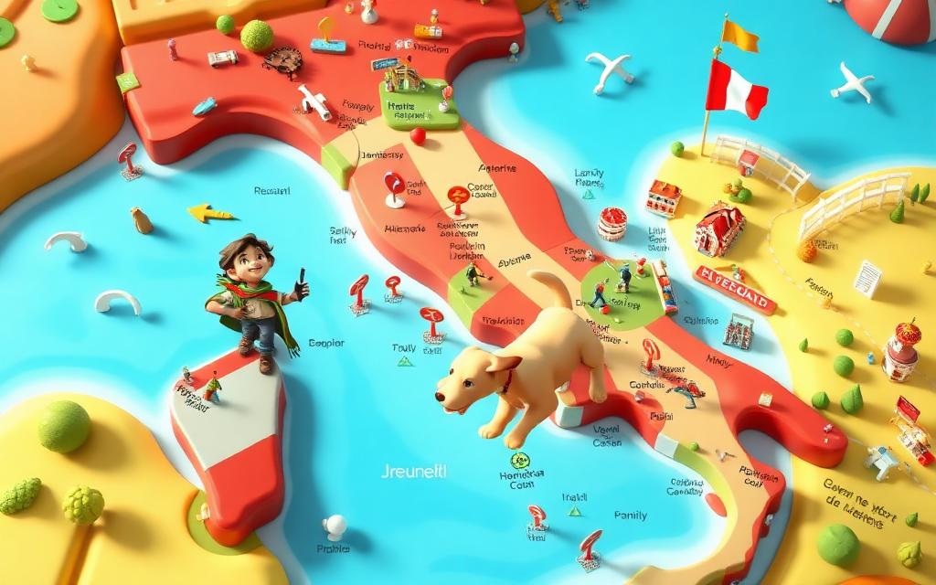 A giant cartoon map of Italy with signposts and hopping characters