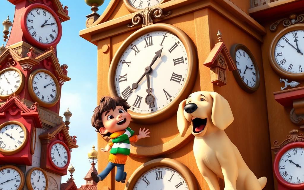A wacky clock tower covered in clocks with Adam swinging from a hand