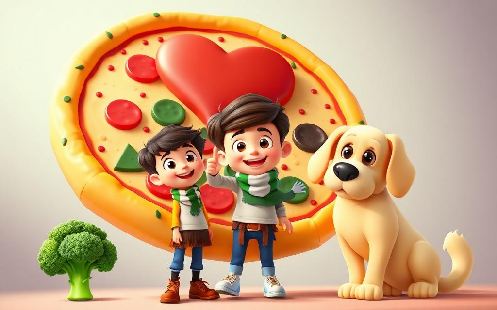 A giant pizza with a heart topping and Luna with heart eyes