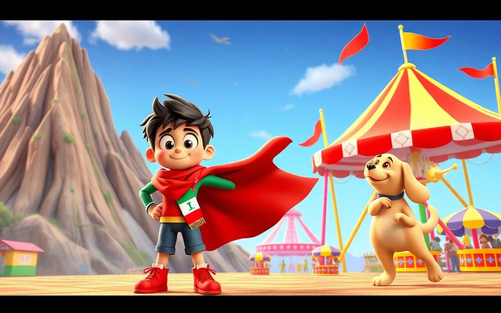 Adam in a superhero cape choosing between homework mountain and a fairground