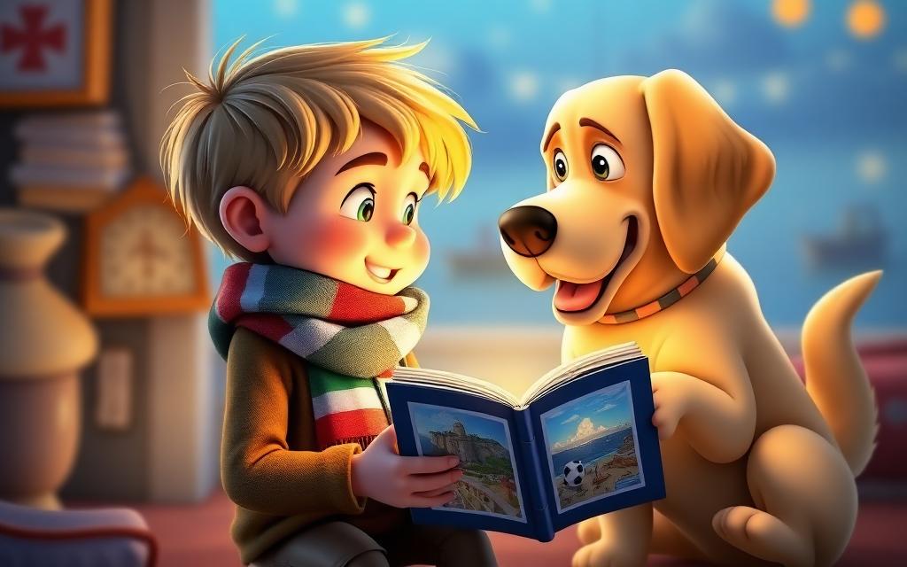 Adam and Luna looking at a magic photo album replaying yesterday