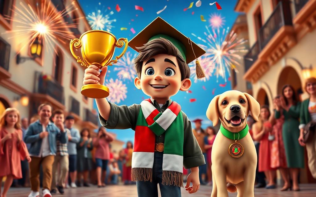 A confetti graduation party in a piazza with a golden trophy
