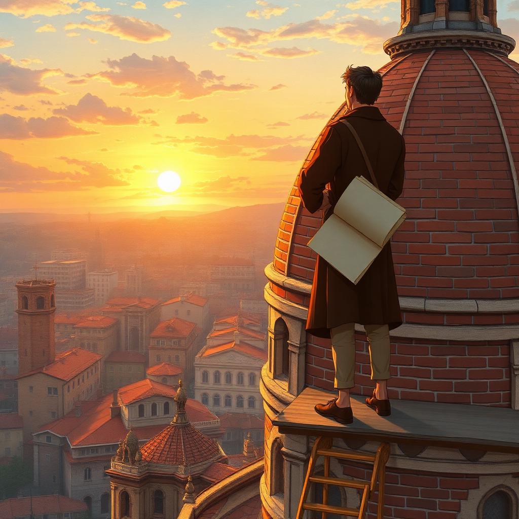 A master builder on the scaffolding of a great brick dome at sunset